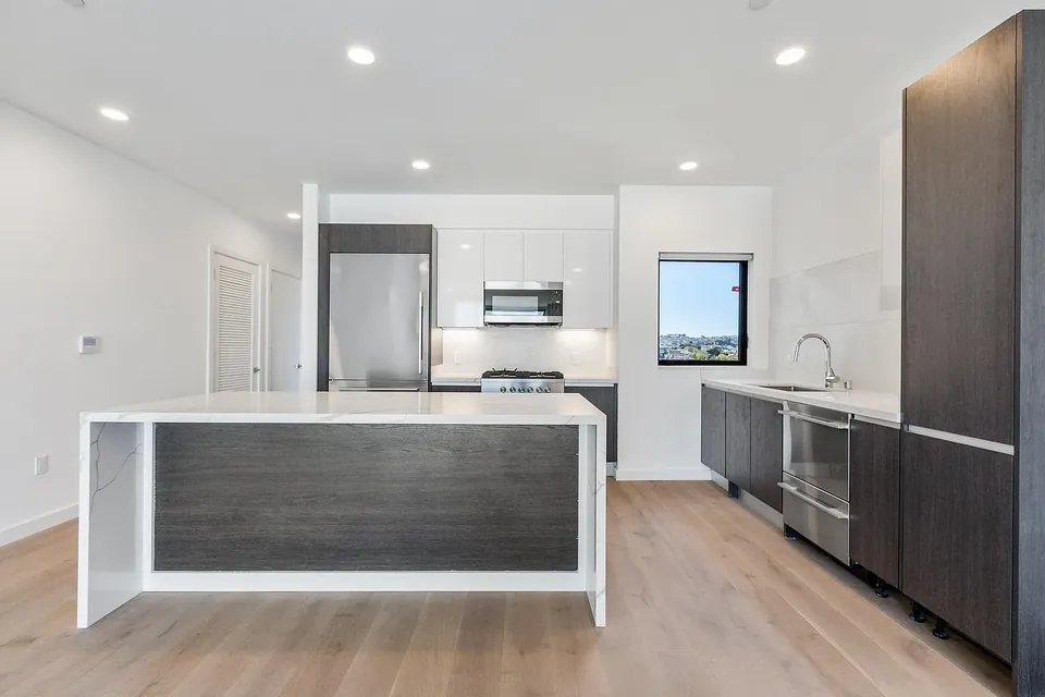 Kitchen with waterfall island at Russia House