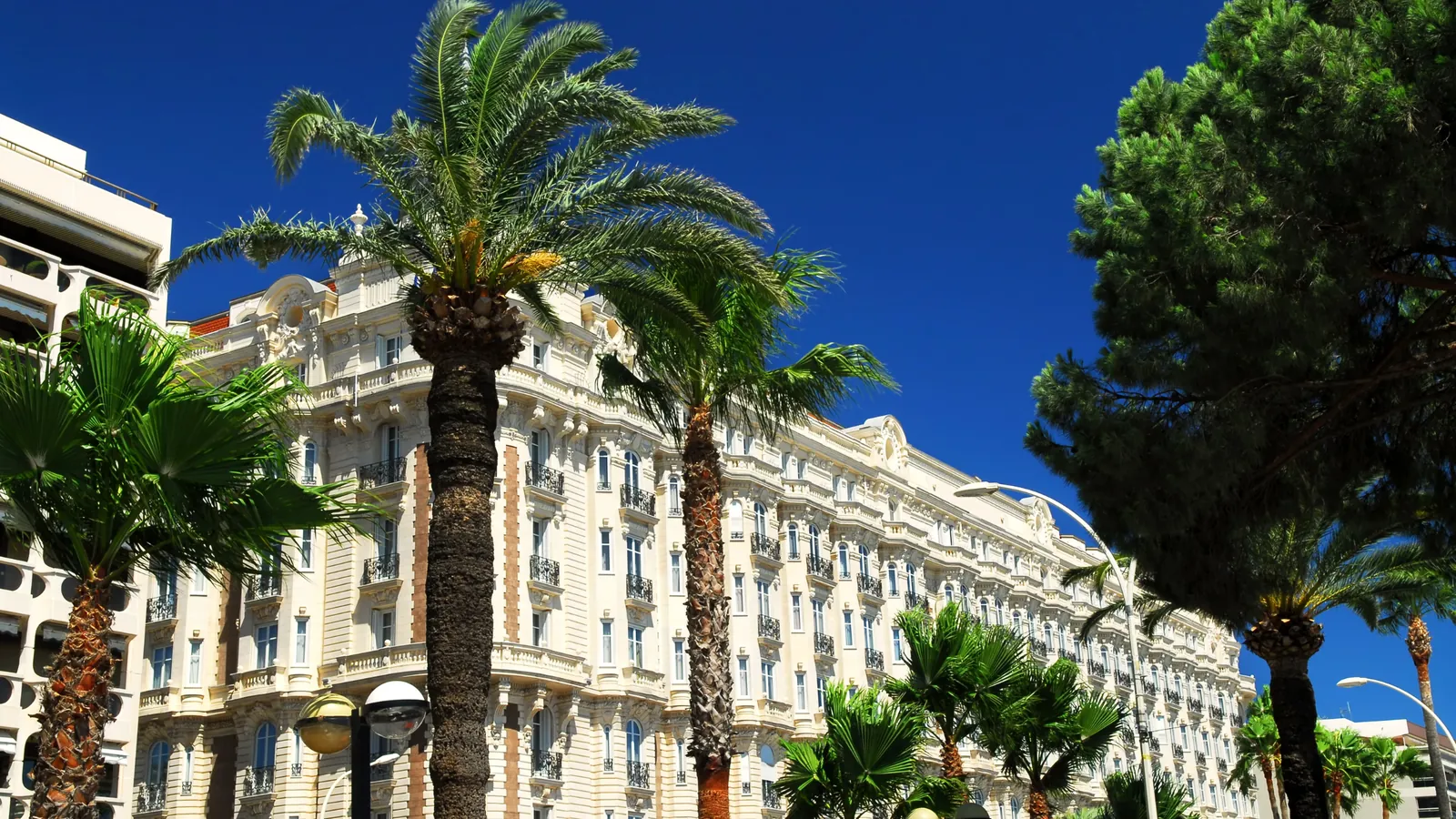 A Belle Époque palace facade framed by palm trees on the Riviera seafront