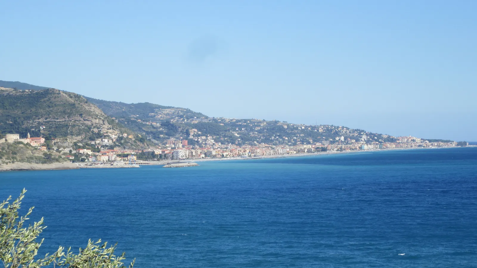 The French Riviera coastline seen from the hills, with towns along the shore