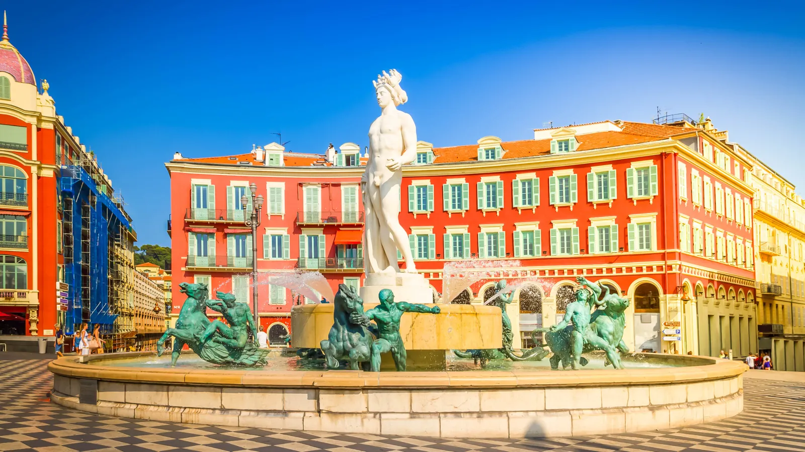 Place Masséna in Nice, with its fountain and red-ochre buildings