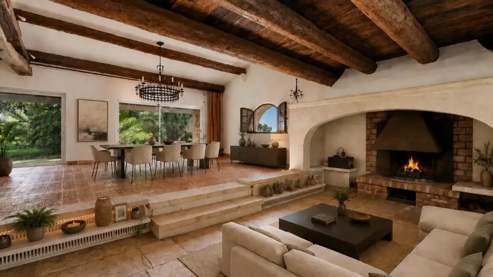 The living room of a Provençal villa with exposed beams and a stone fireplace