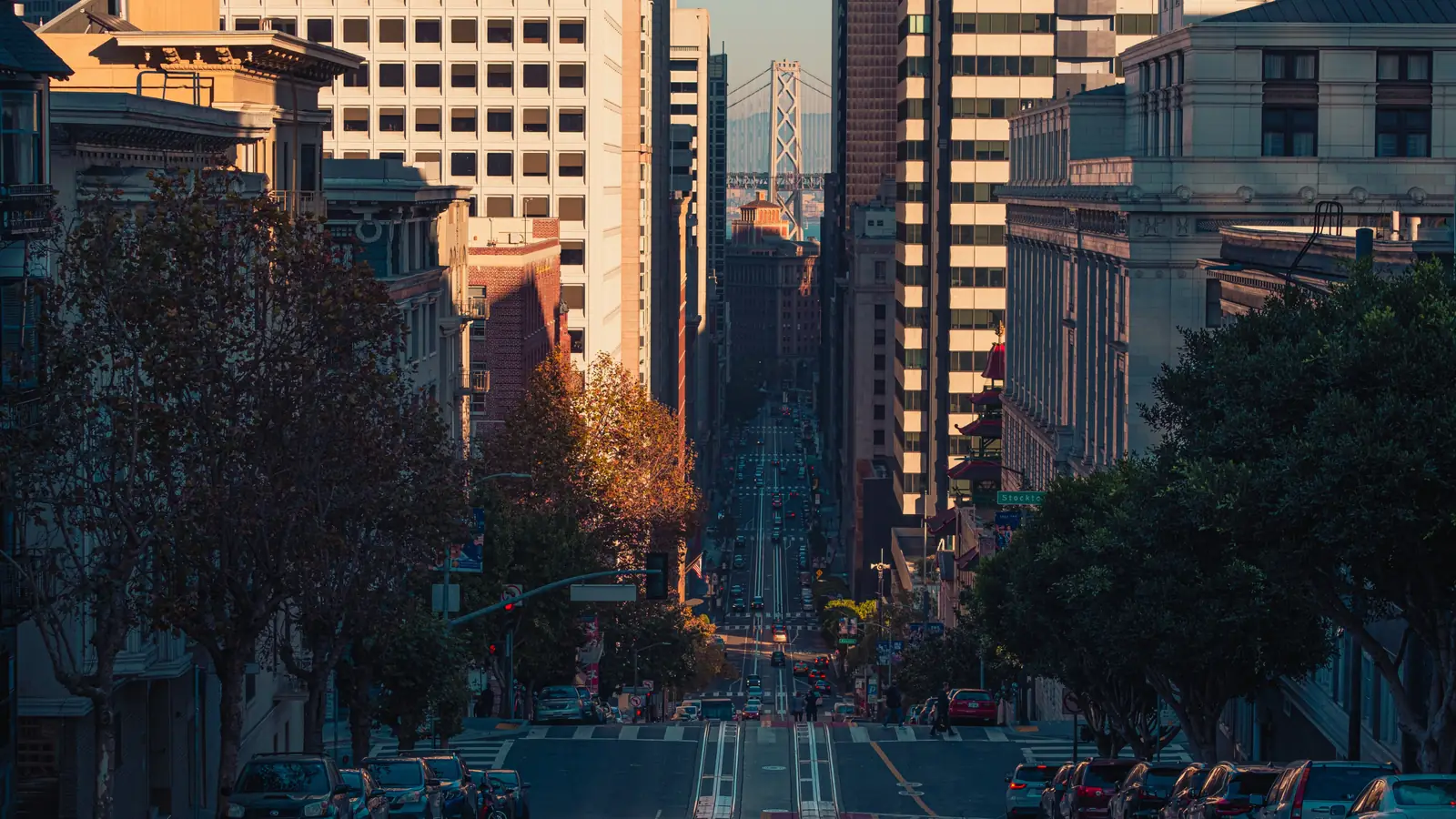 A downtown San Francisco street leading toward the Bay Bridge