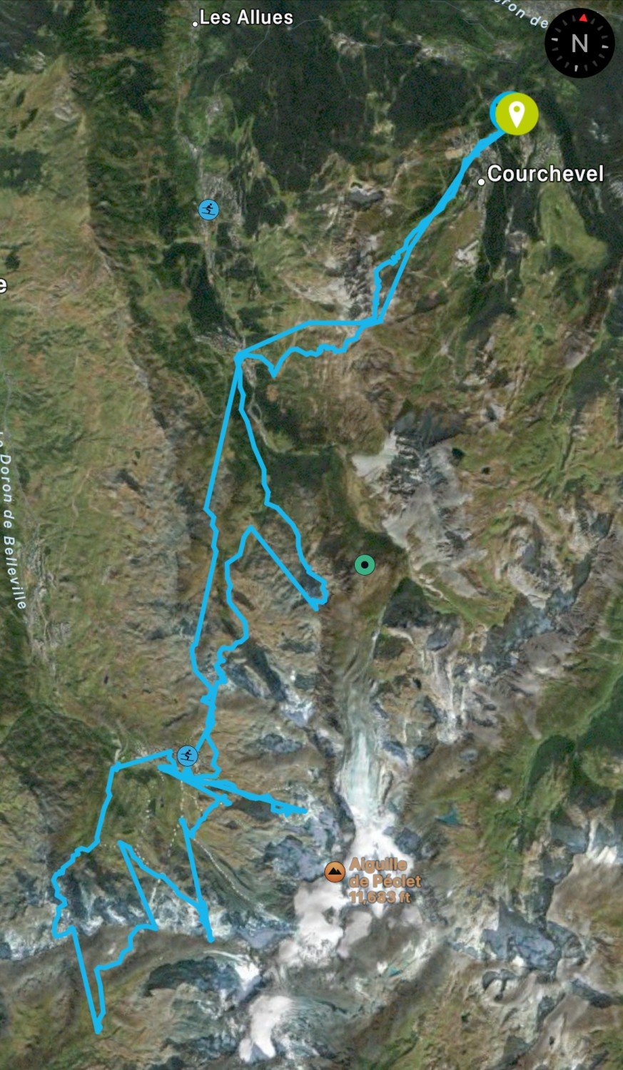 Our route through the 3 resorts took us over 50 miles and 36,000 vertical feet.
